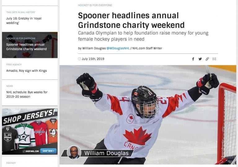 NHL features Grindstone Award Foundation & Natalie Spooner